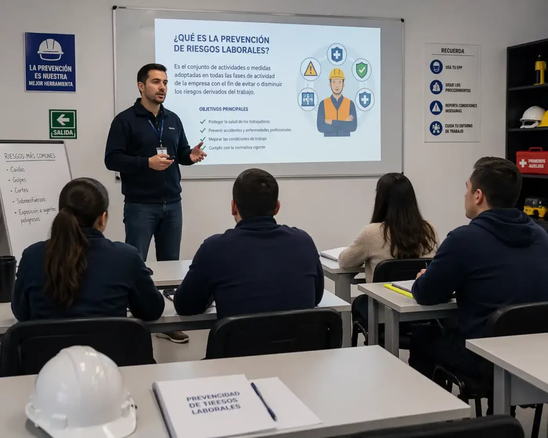 Curso de prevención de riesgos laborales en aula con trabajadores atendiendo
