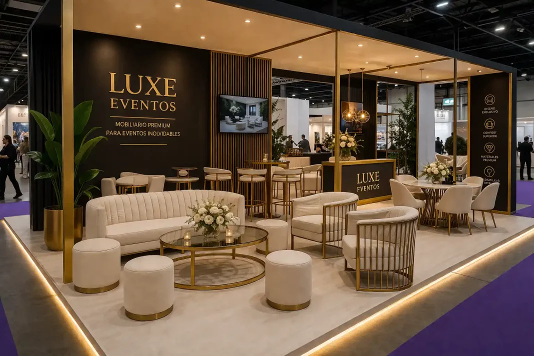 Stand de feria con mobiliario premium para eventos y decoración elegante