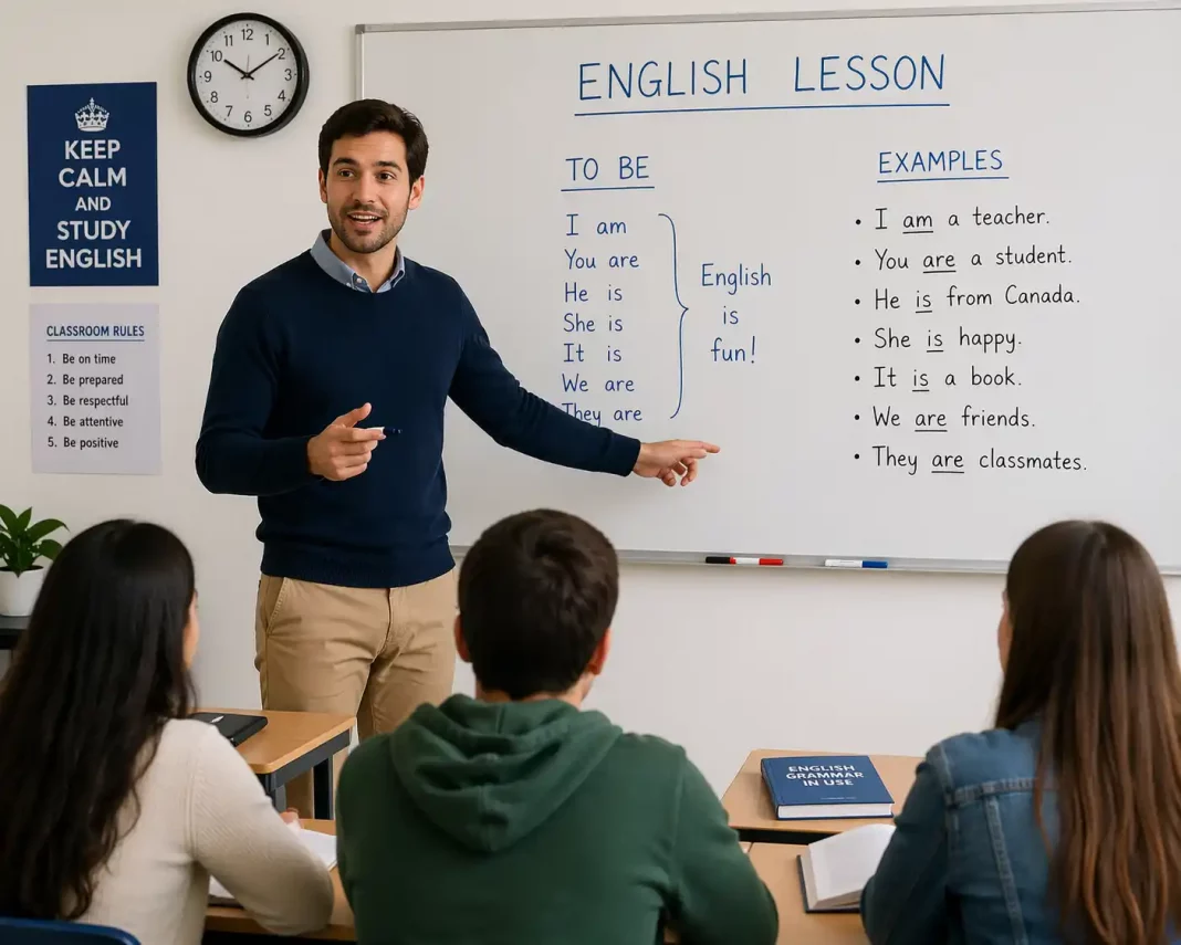 Profesor dando clase de inglés en un aula con estudiantes atentos
