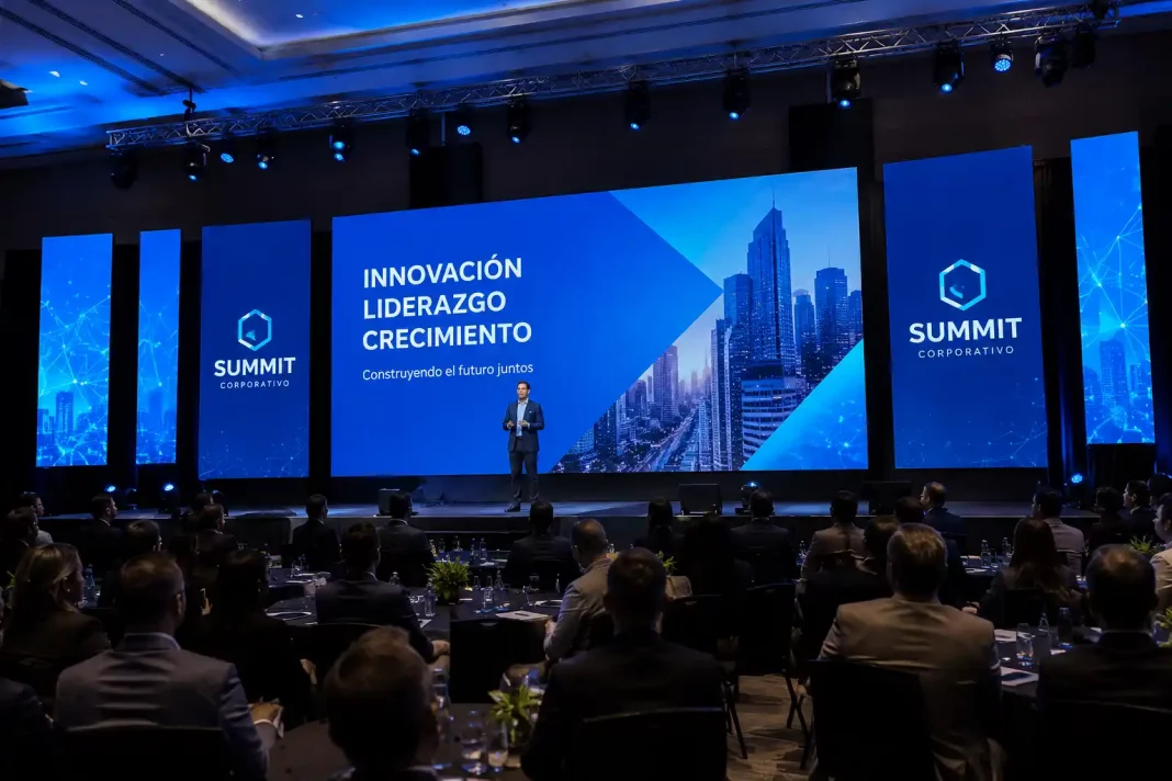 Gran pantalla LED en congreso corporativo con ponente y asistentes