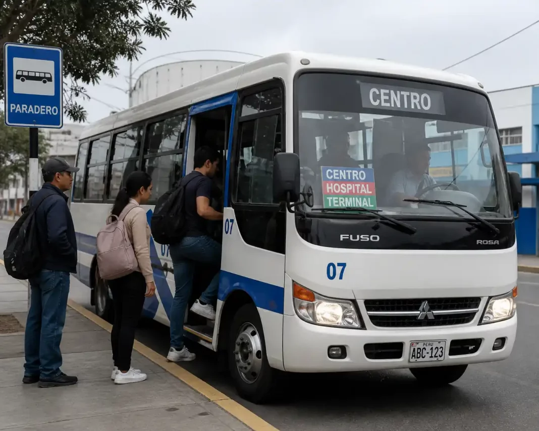 Pasajeros subiendo a un microbús en una parada de transporte público