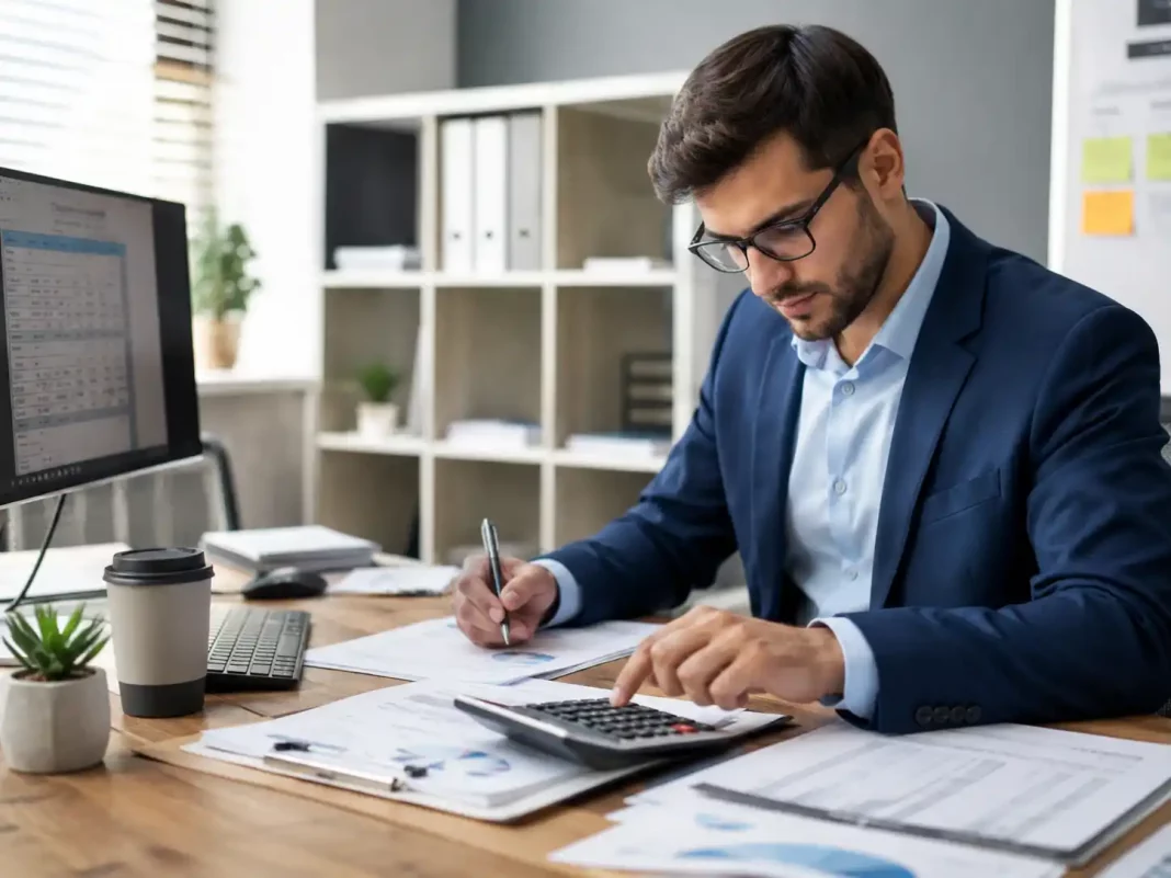 Persona revisando la contabilidad de una empresa con calculadora, documentos financieros en una oficina.