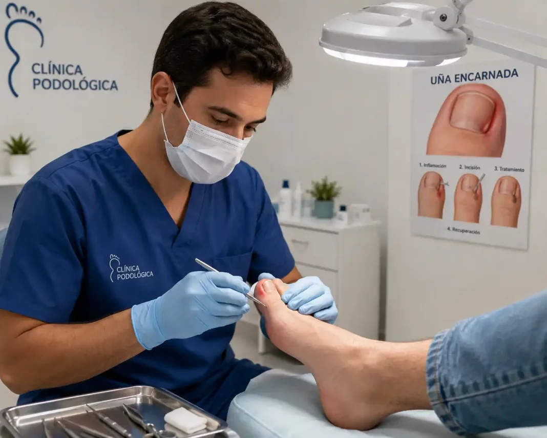 Podólogo realizando tratamiento de uña encarnada en clínica podológica especializada