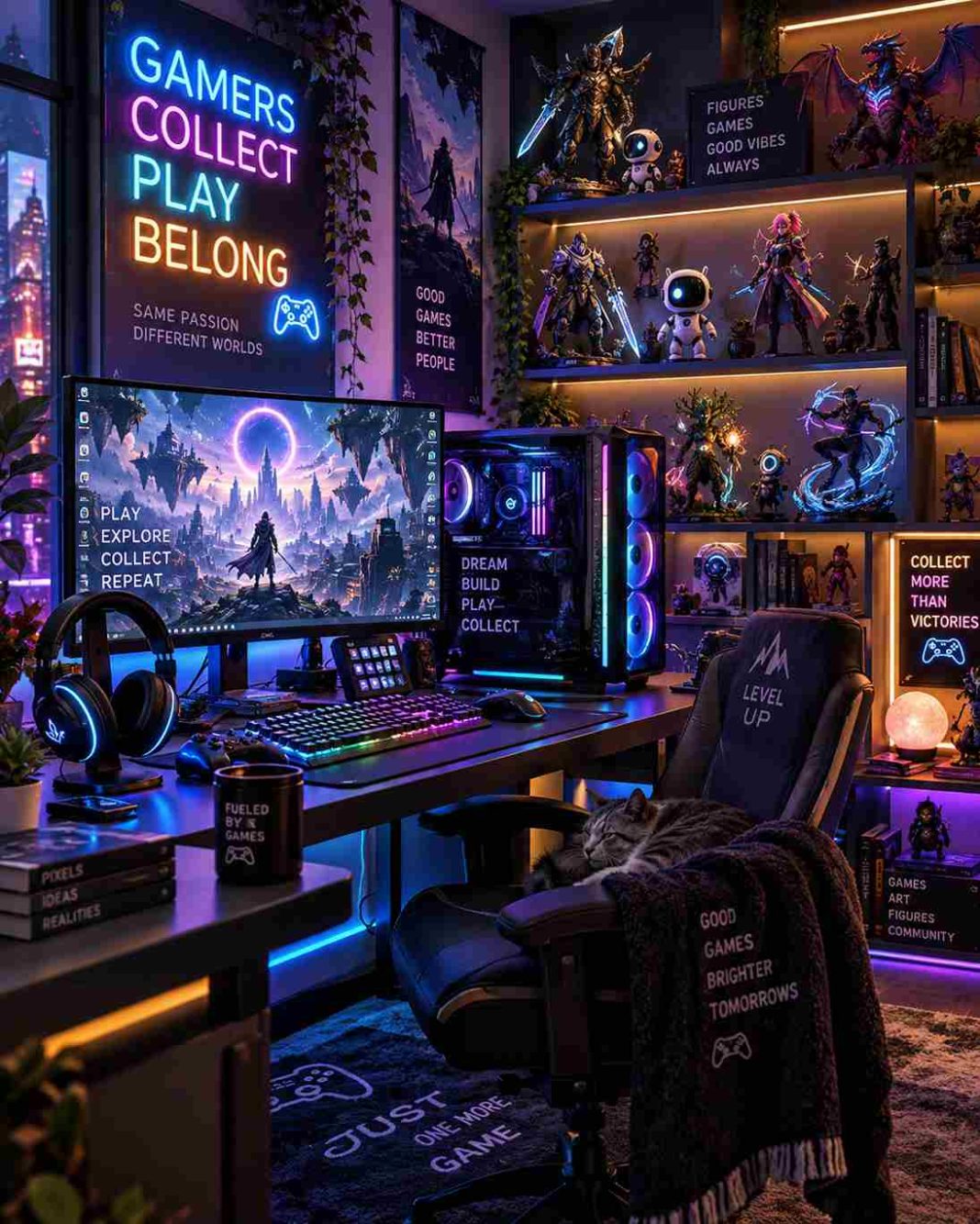 Habitación gamer con videojuegos, PC gaming y figuras coleccionables Habitación gamer con videojuegos, PC gaming y figuras coleccionables